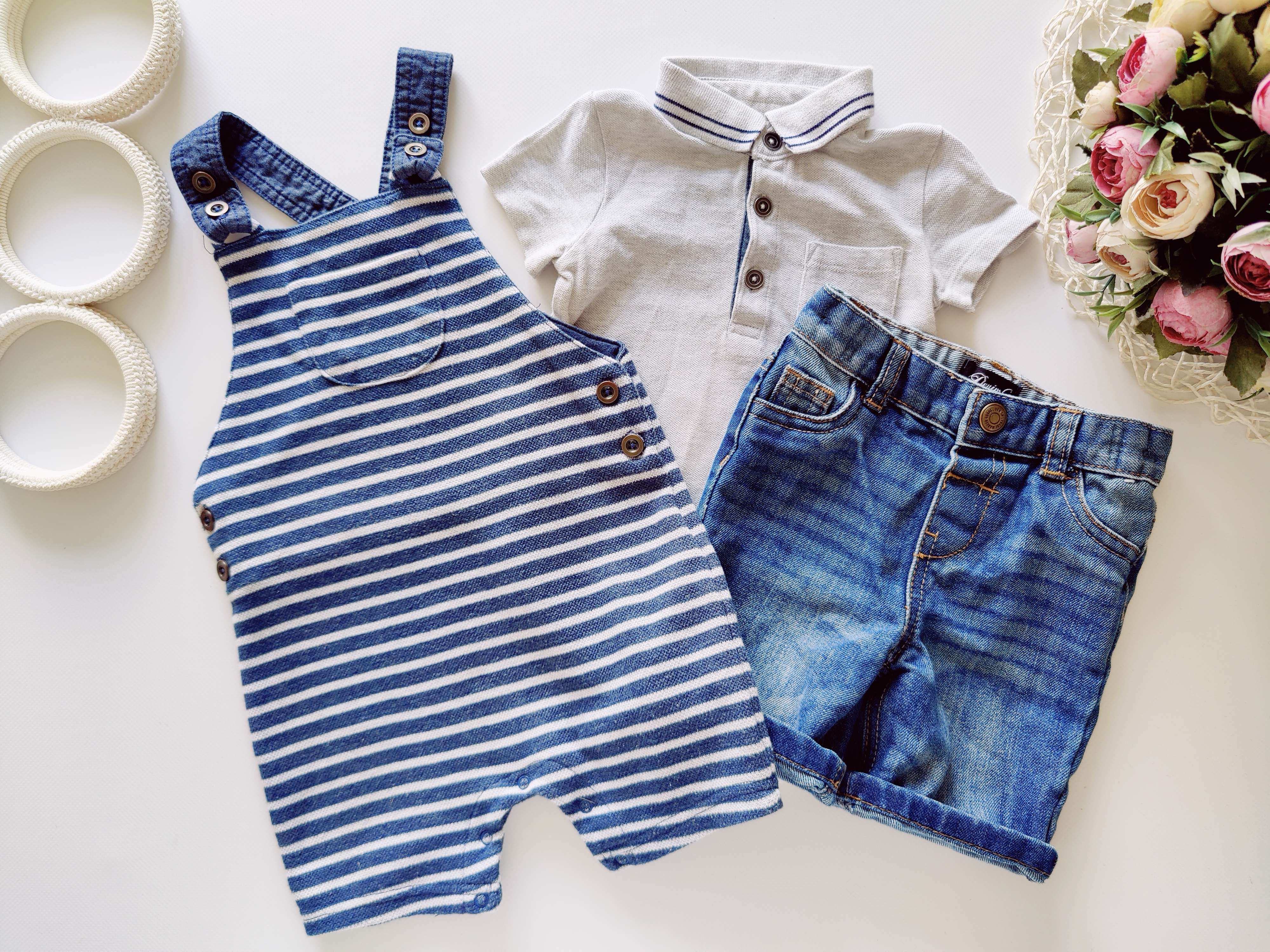 9,12 мес, рост 74,80 Ромпер, песочник и шорты джинсовые