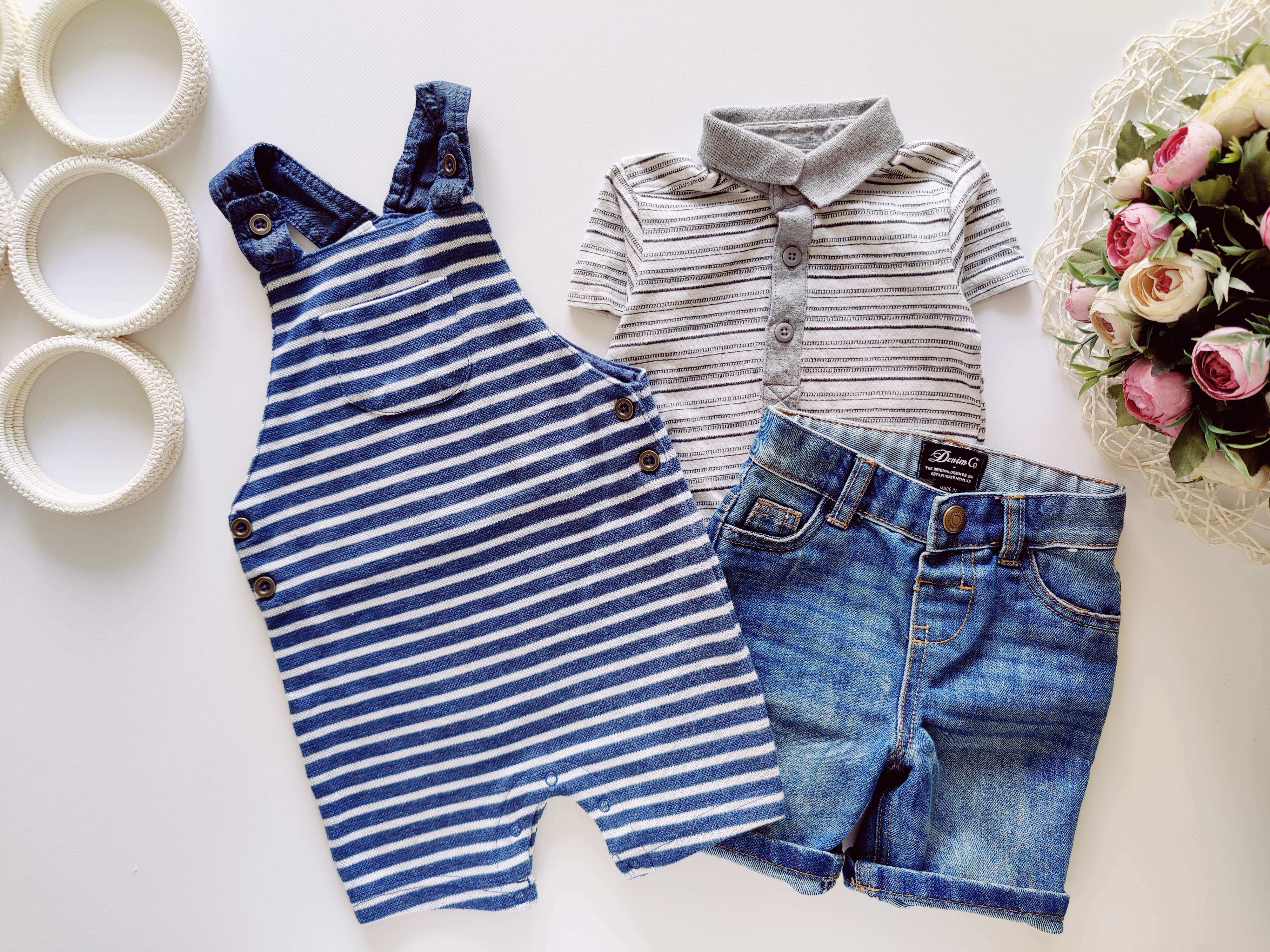 9,12 мес, рост 74,80 Ромпер, песочник и шорты джинсовые