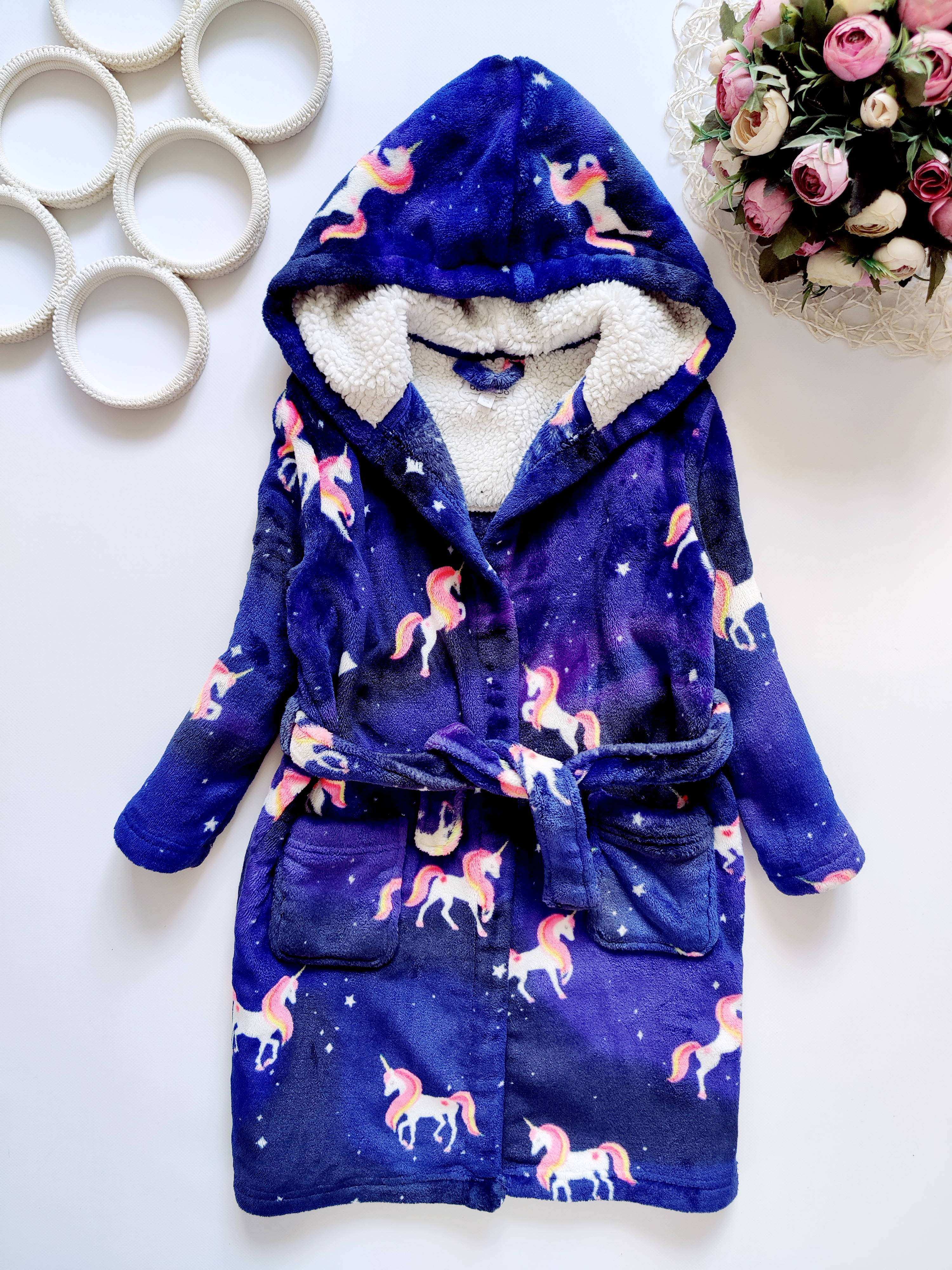 5,6 лет, рост 116 Махровый халат в единорогах
