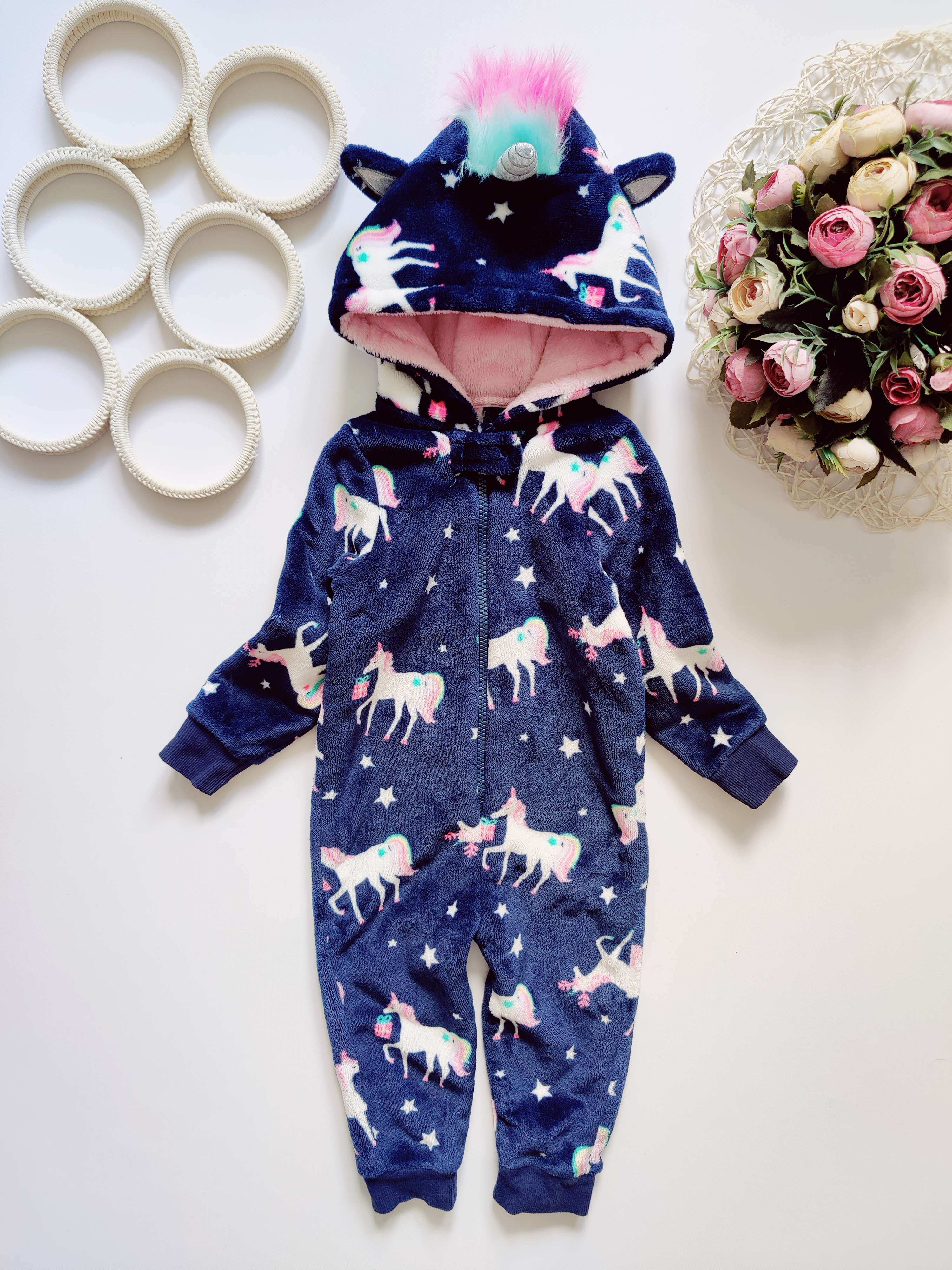 12,18 мес, Теплый кигуруми с лошадками пони единорог