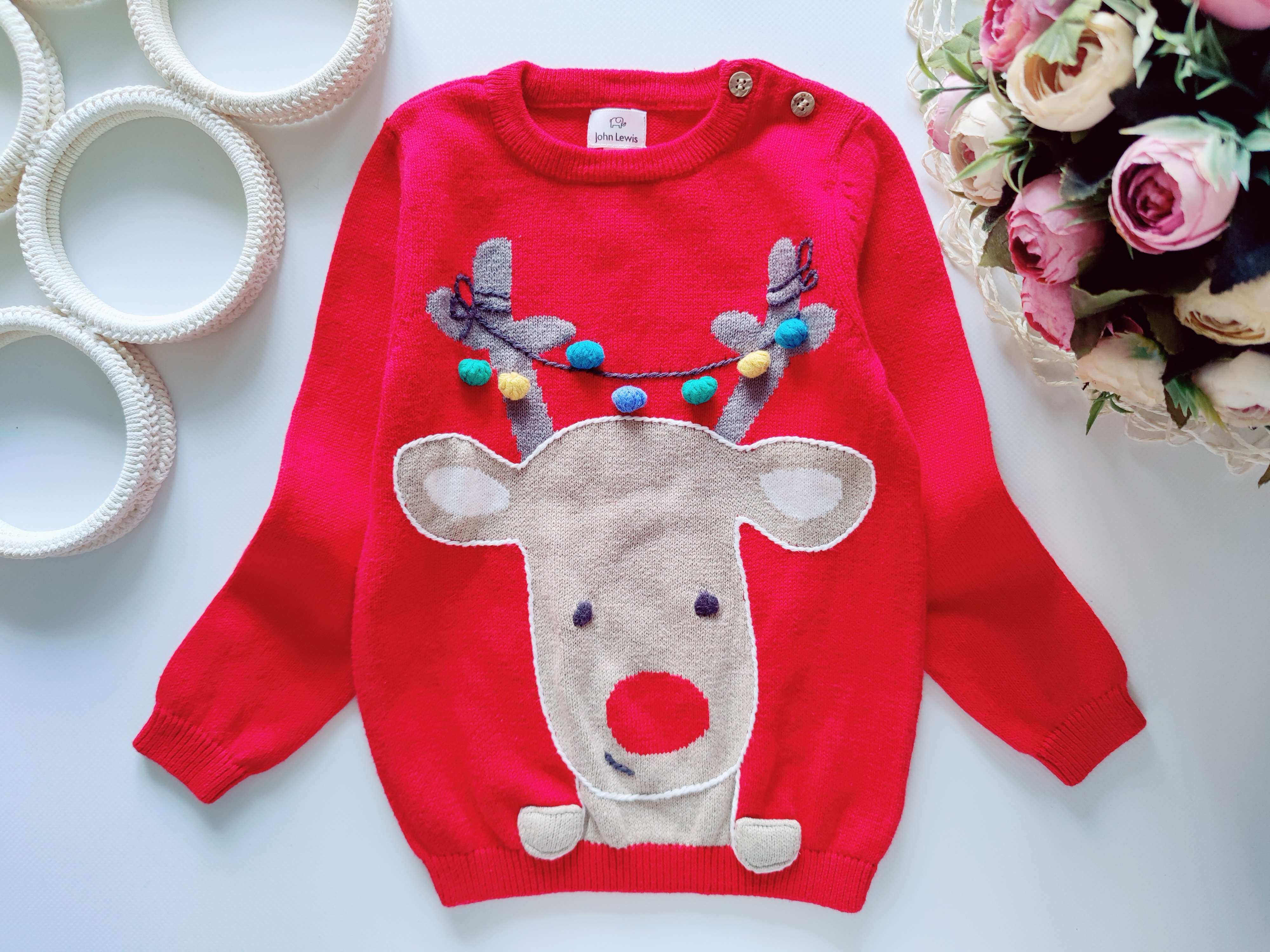 12,18 міс, зріст 80,86 Новорічний котоновий светр тонкого в'язання з оленем