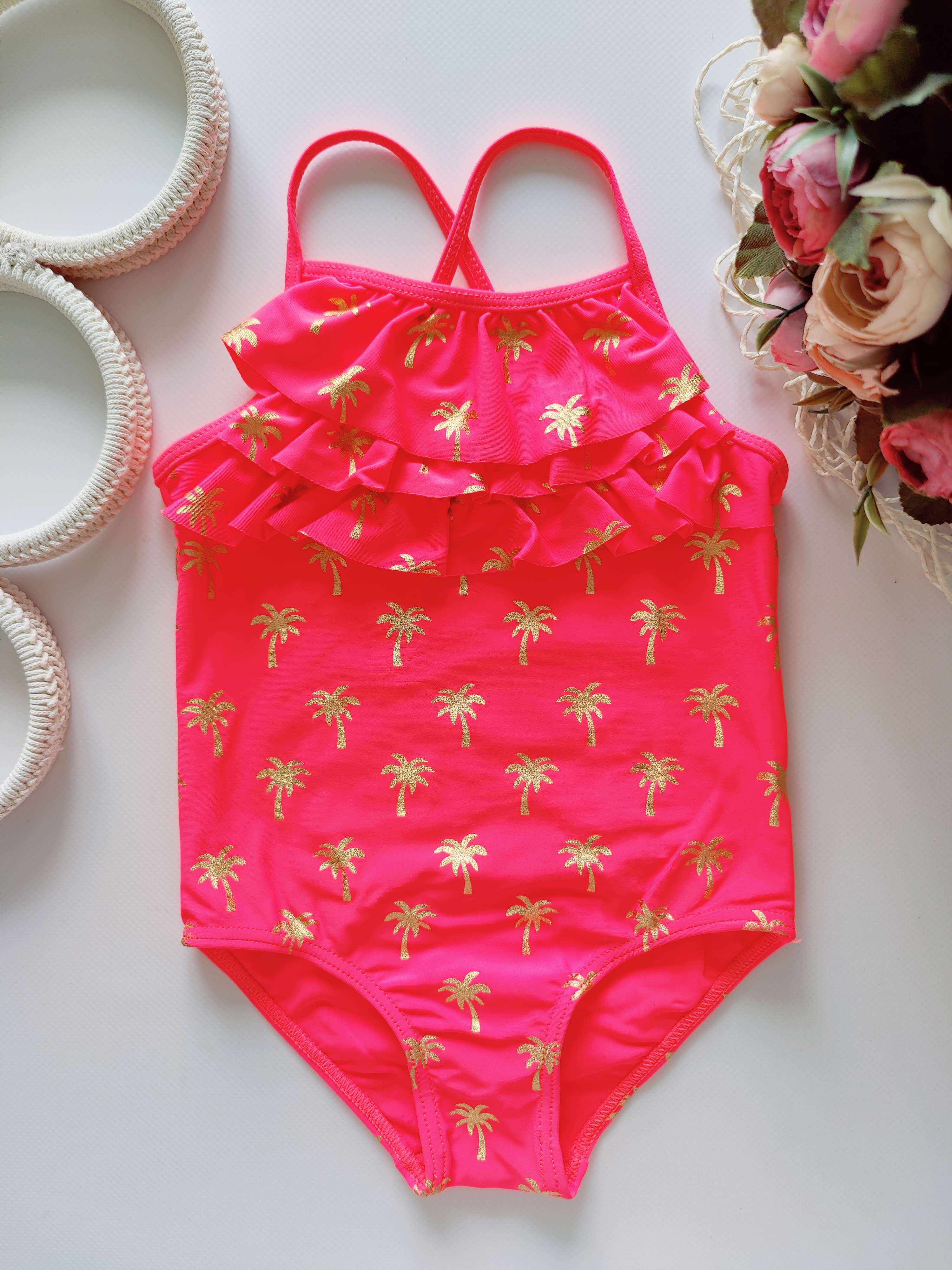 9,12 міс, зріст 74,80 Неоновий купальник у золотистих пальмах