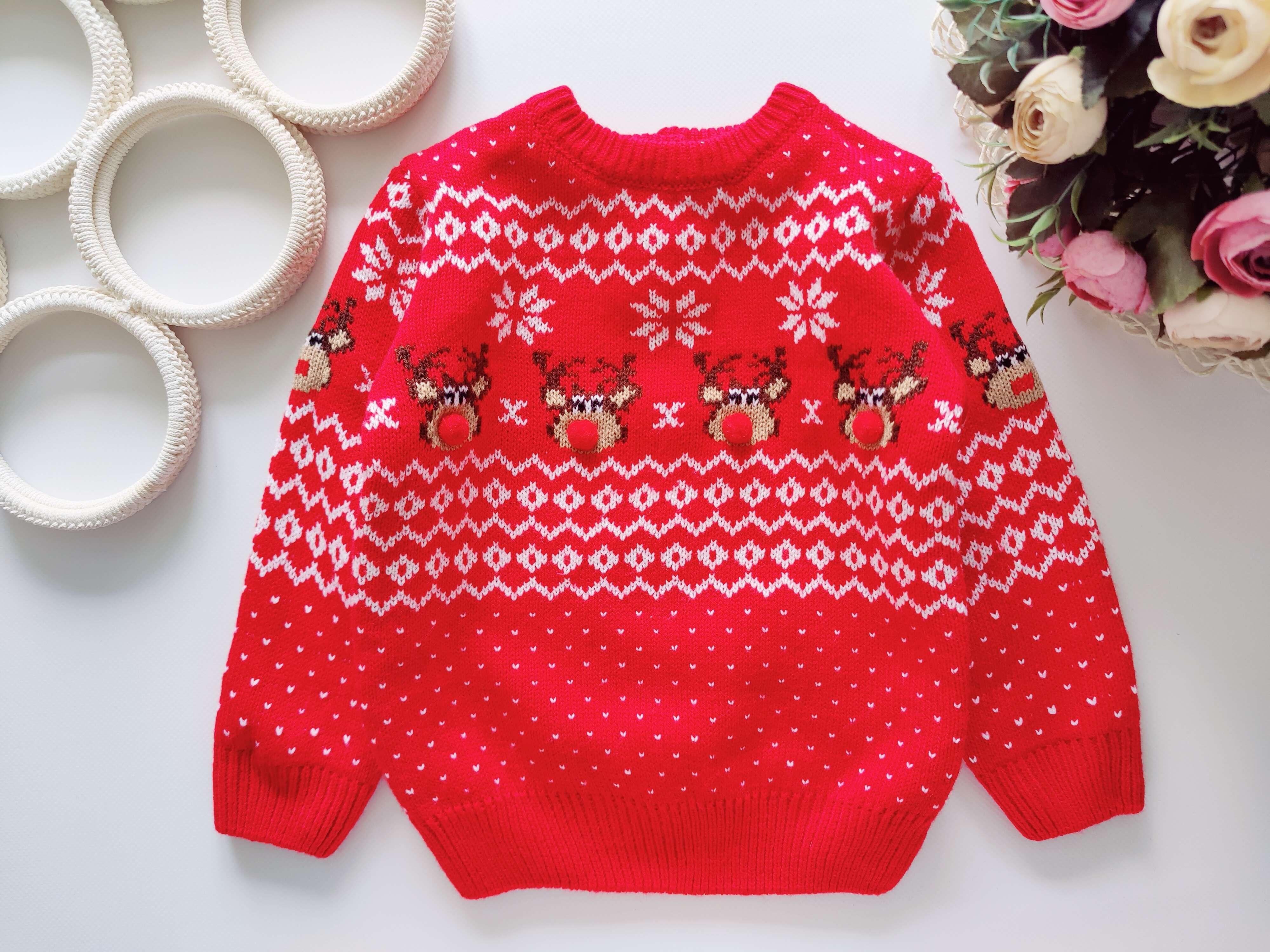 12,18 міс, зріст 80,86 Червоний новорічний светр з оленями