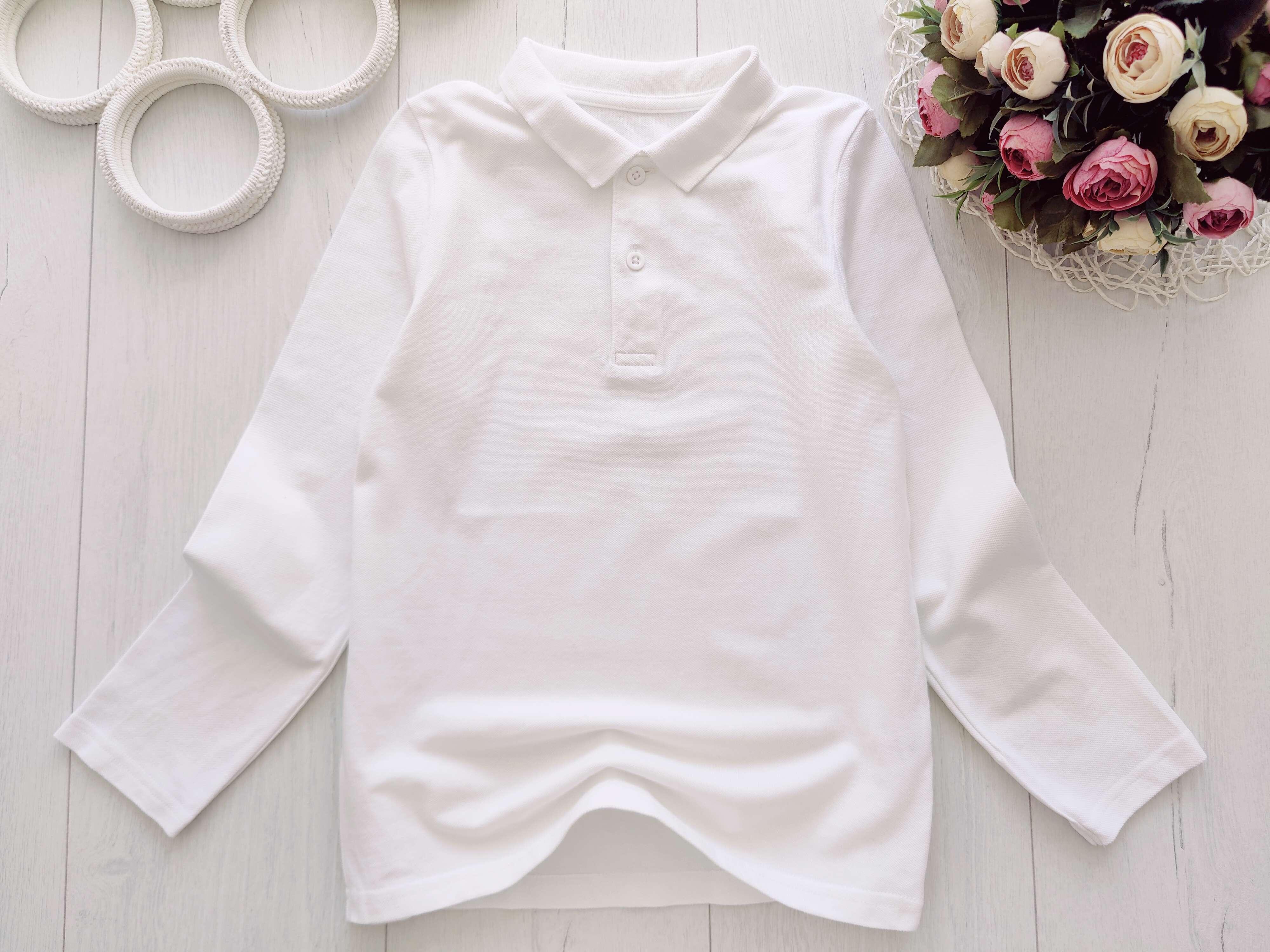 8 лет, рост 128 Новое белое поло длинный рукав котон