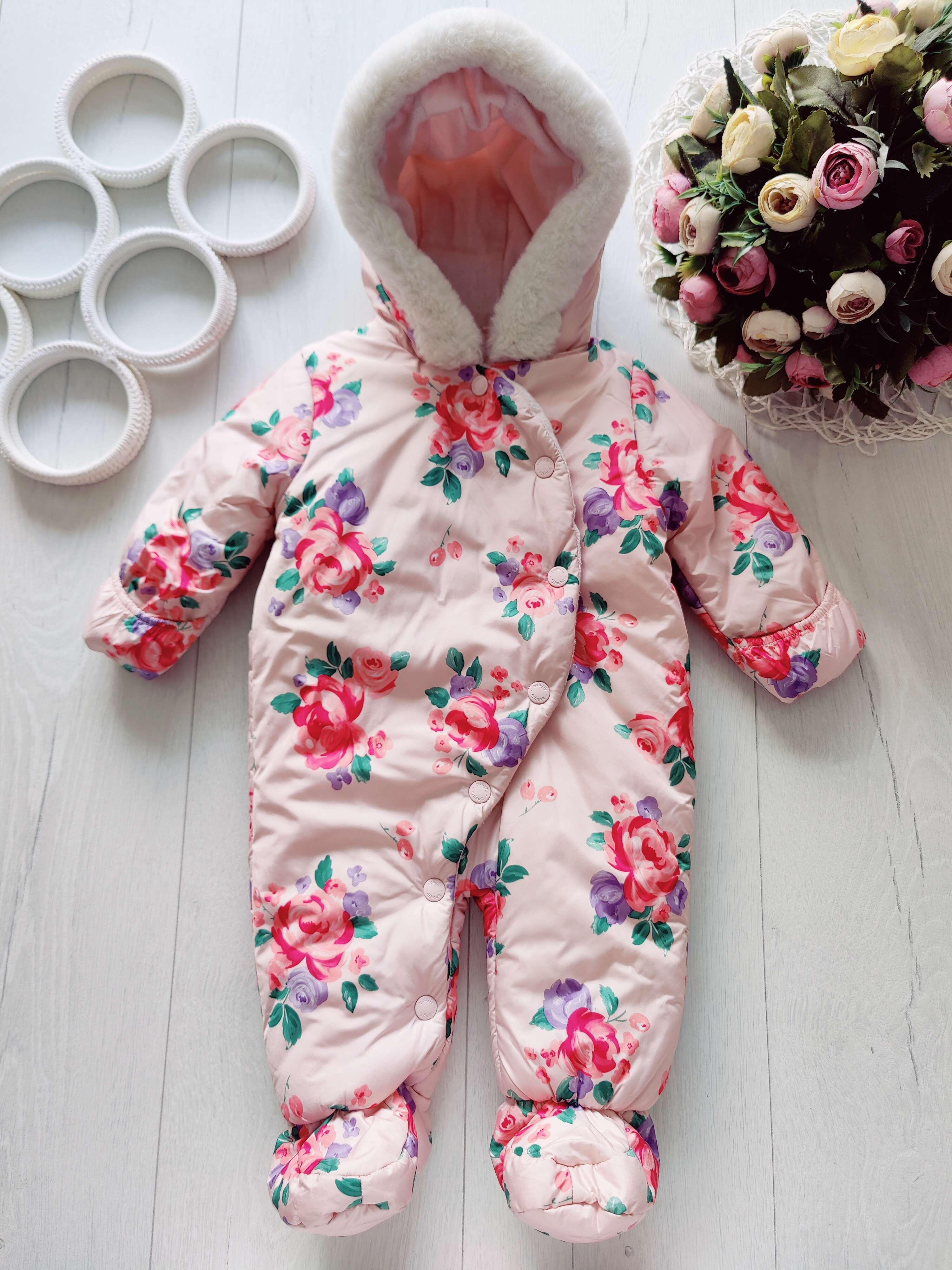 0-3 міс, Теплий комбінезон на синтепоні для дівчинки