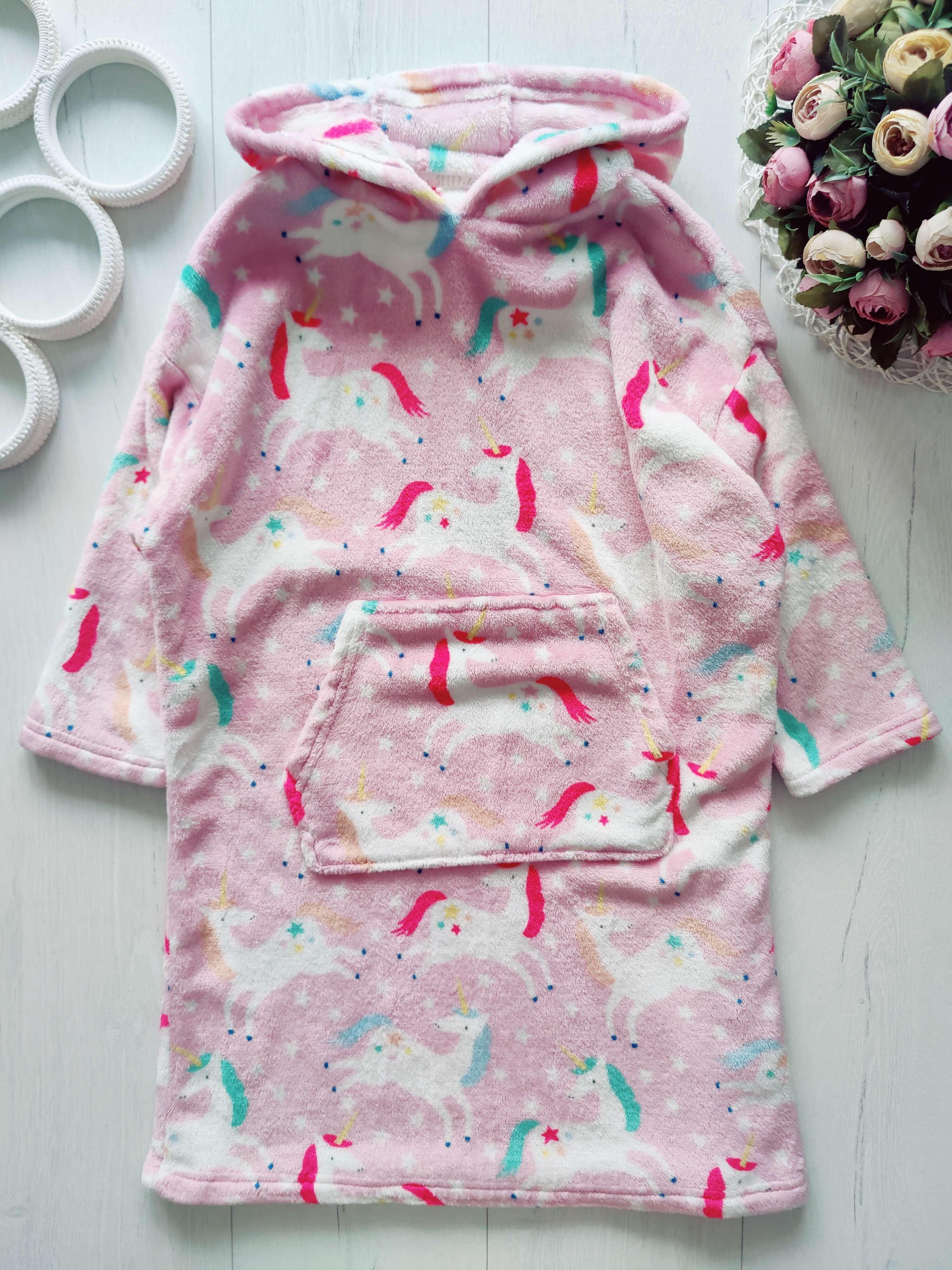 7,8 років, зріст 122,128 Дитячий махровий домашній худі- плед із пон єдиноріг