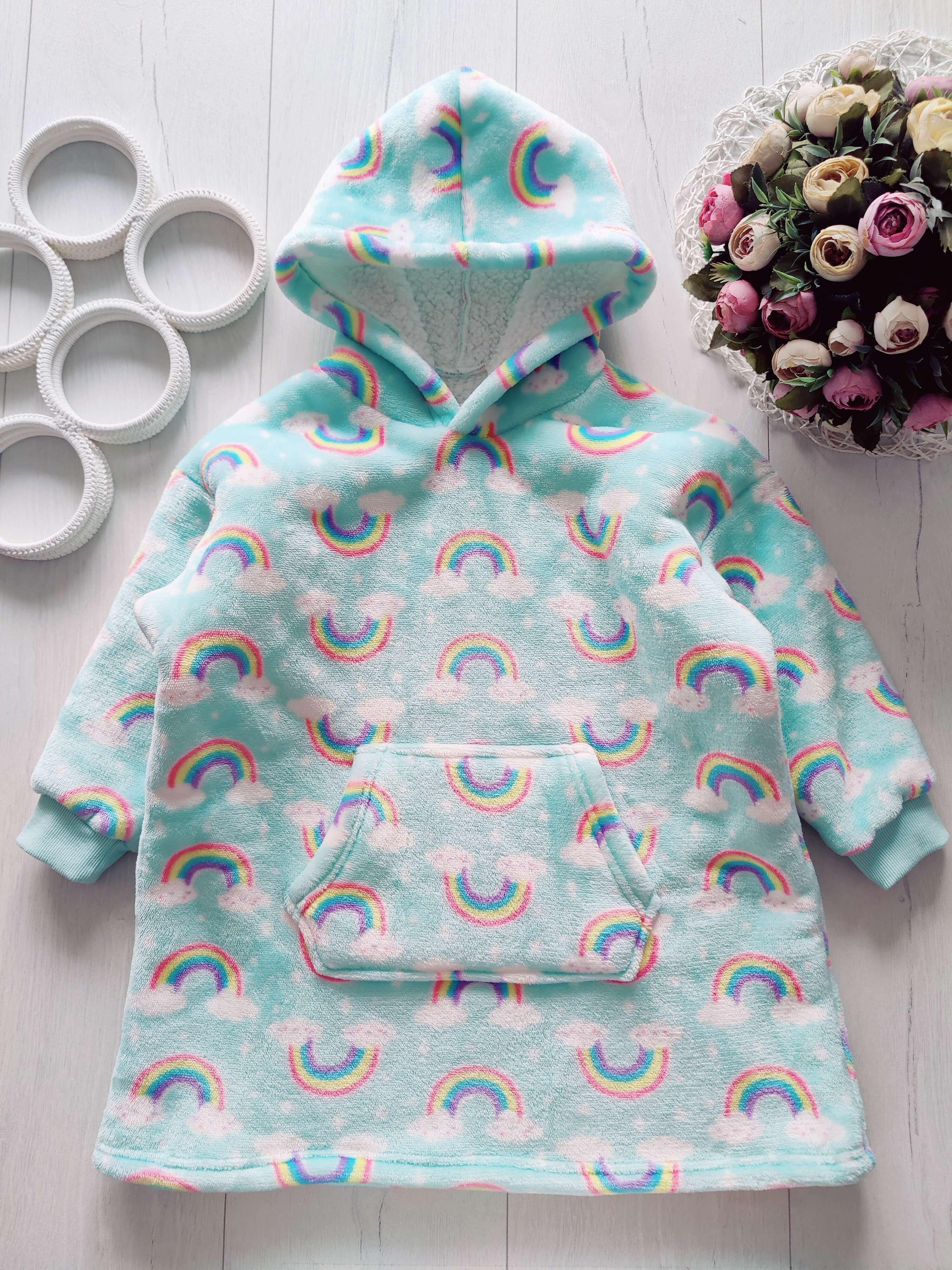 3,4 роки, зріст 98,104 Дитячий махровий домашній худі- плед із веселкою