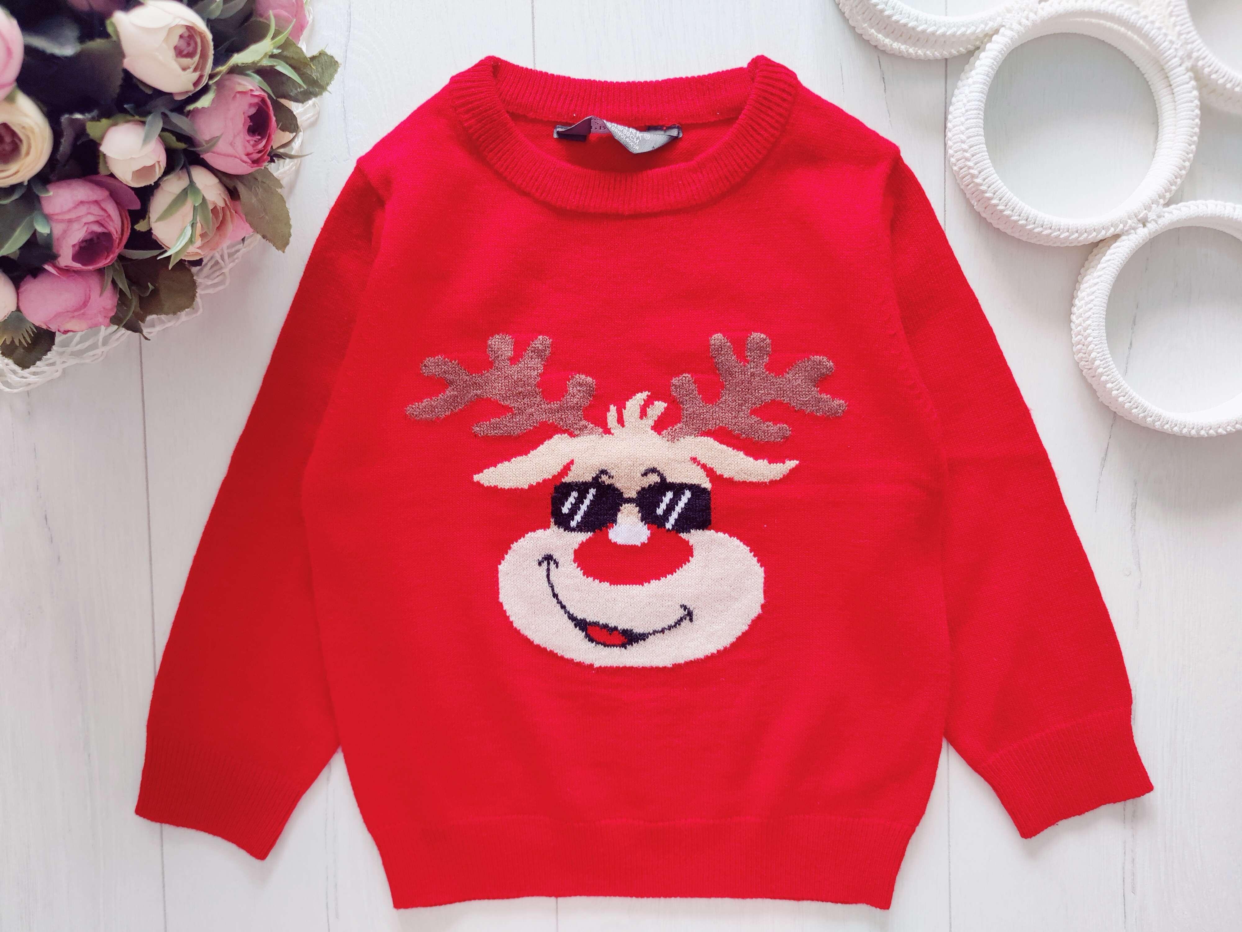 2,3 роки, зріст 98 Новорічний червоний светрик з оленем тонкої в'язки