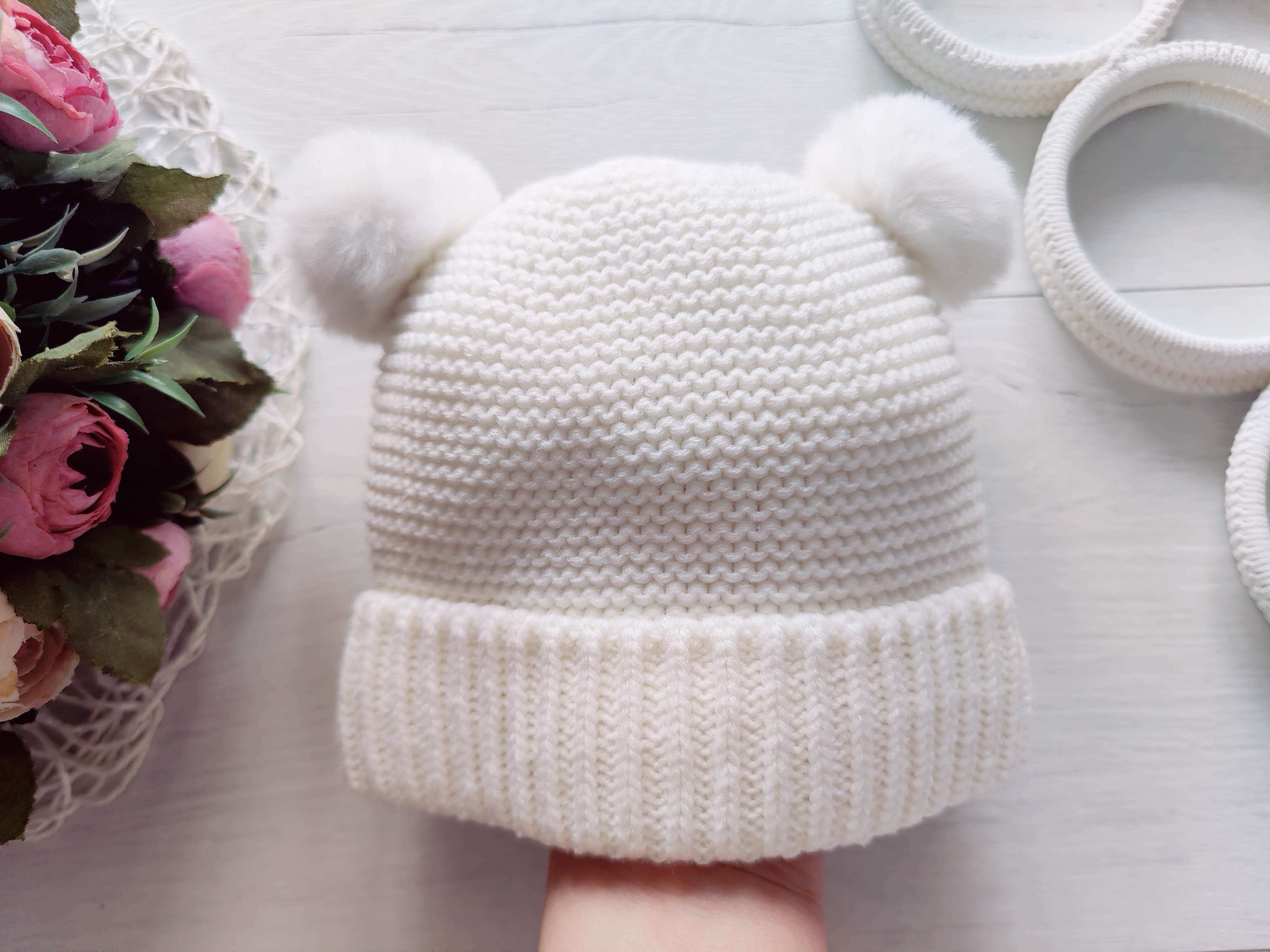 12-24 міс, Тепла дитяча в'язана шапка на хб підкладці унісекс