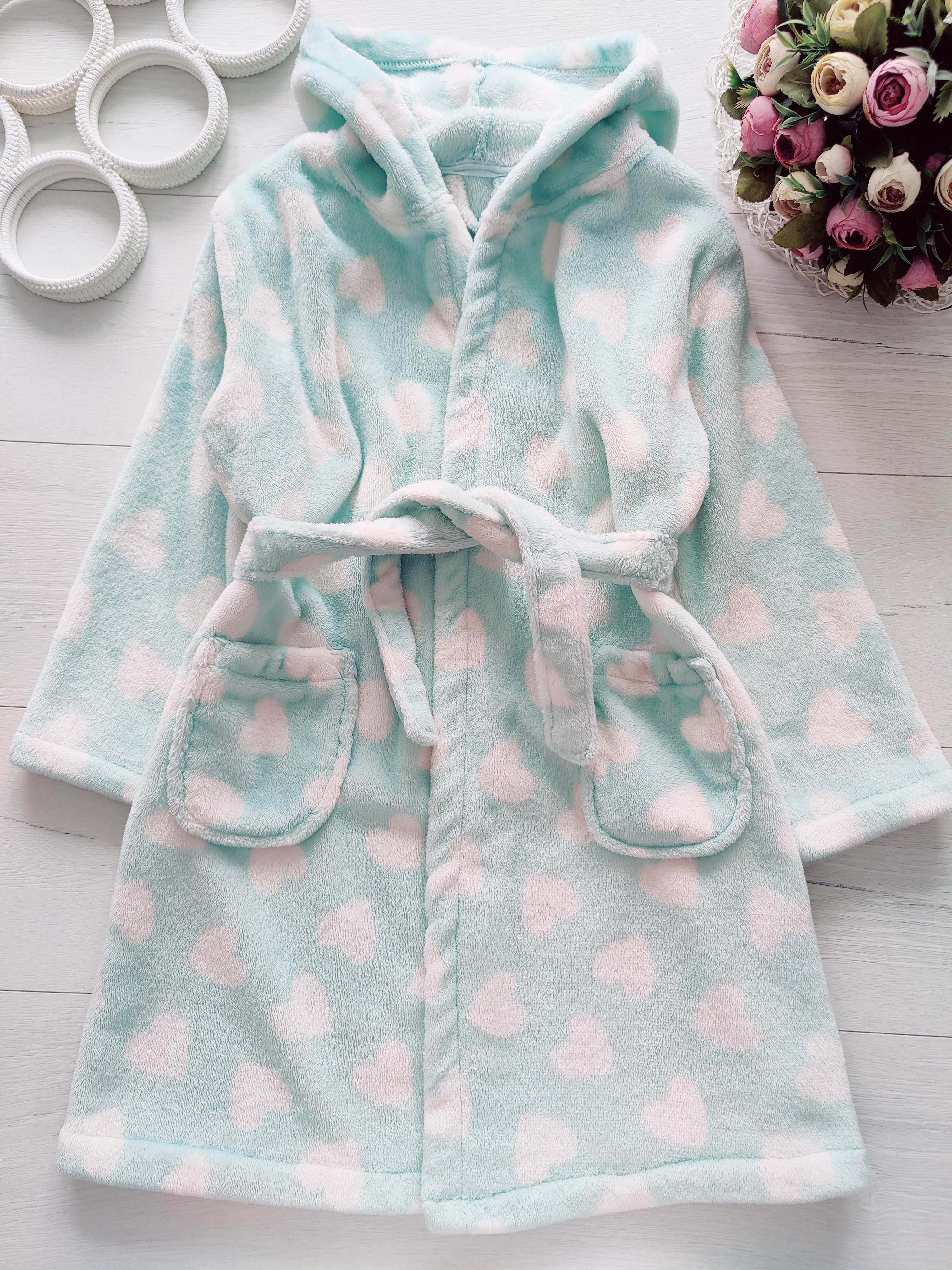 7,8 років, зріст 122,128 Теплий м'ятний халат у сердечках