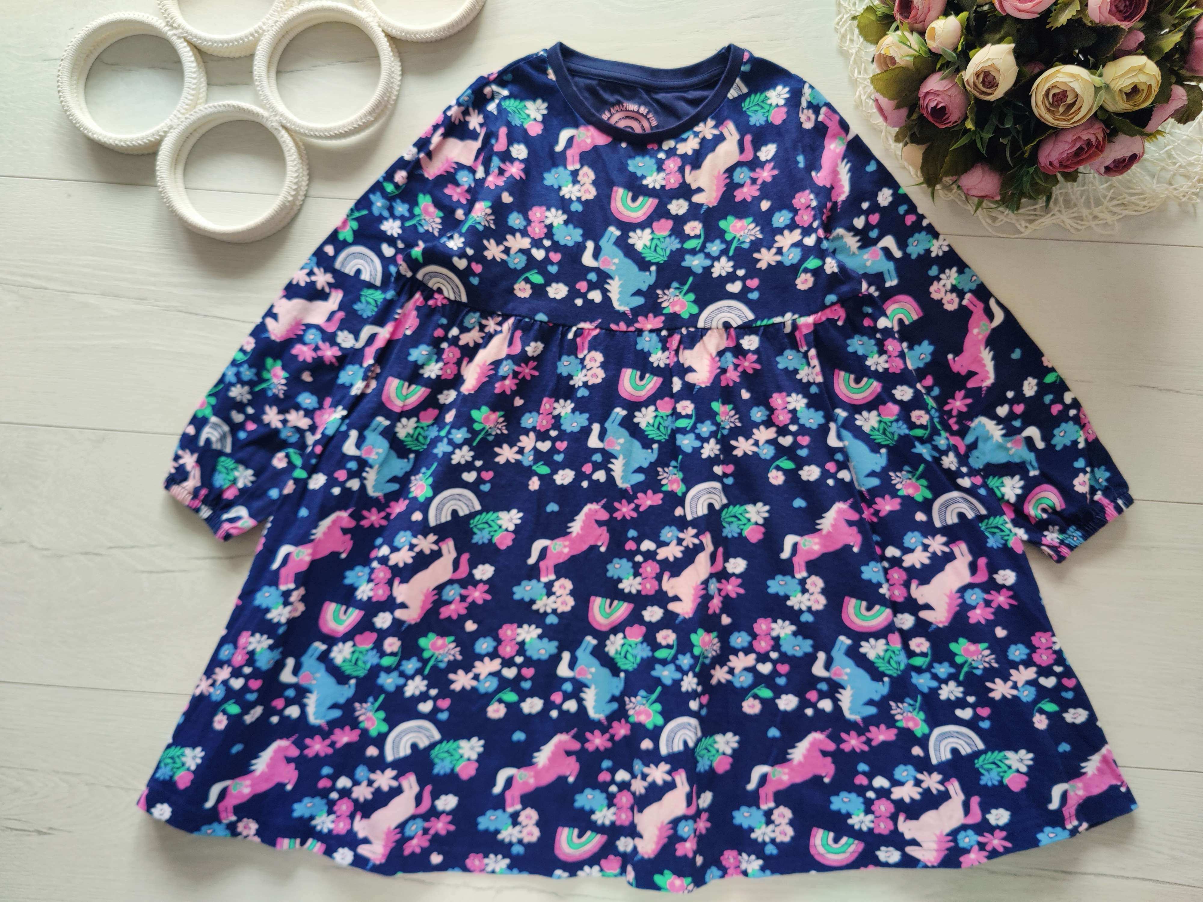 6,7 років, зріст 116,122 Трикотажна сукня в поні єдиноріг з рукавами