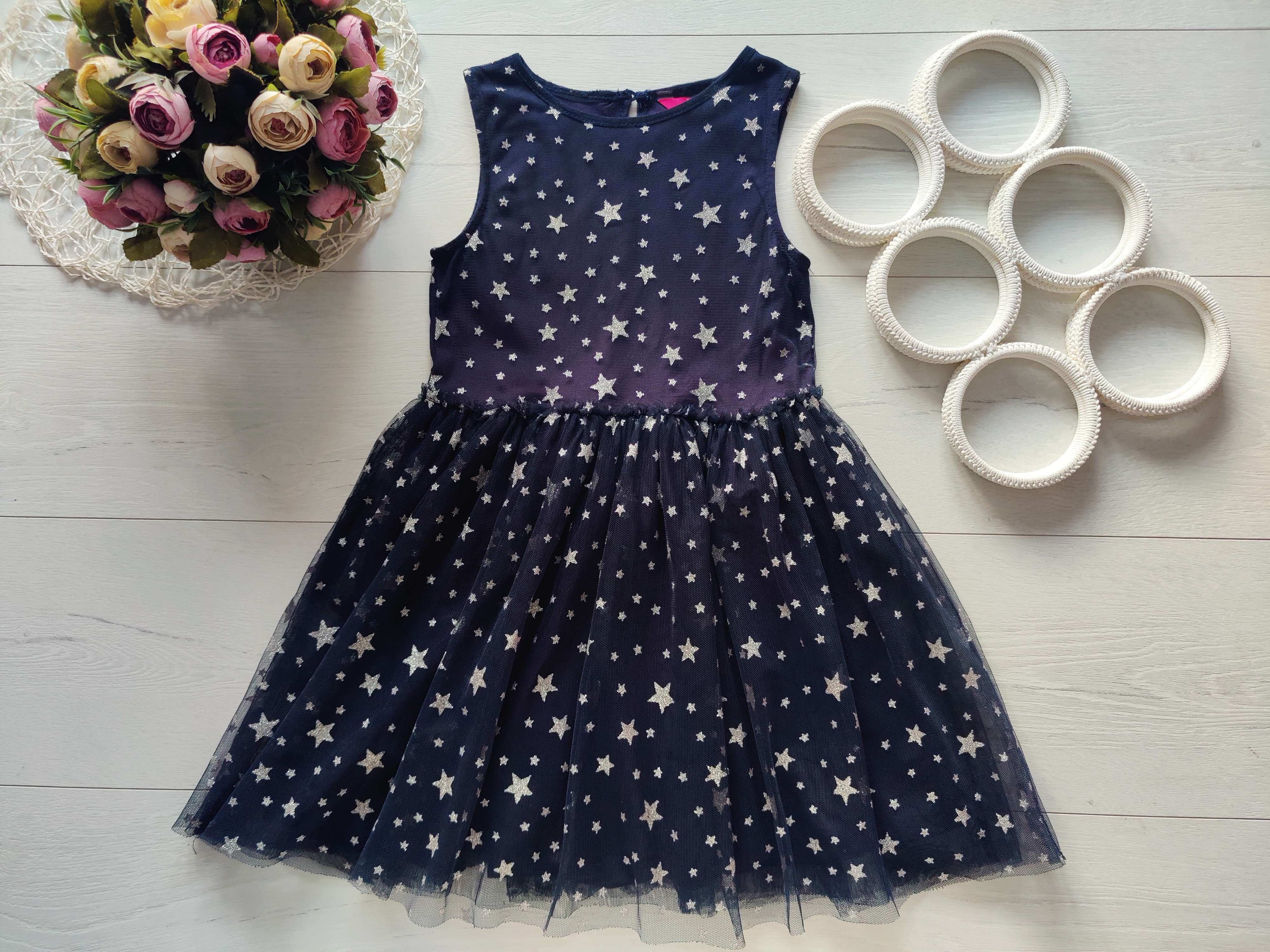 6,7 років, зріст 122 Синя дитяча сукня в сріблястих зірках