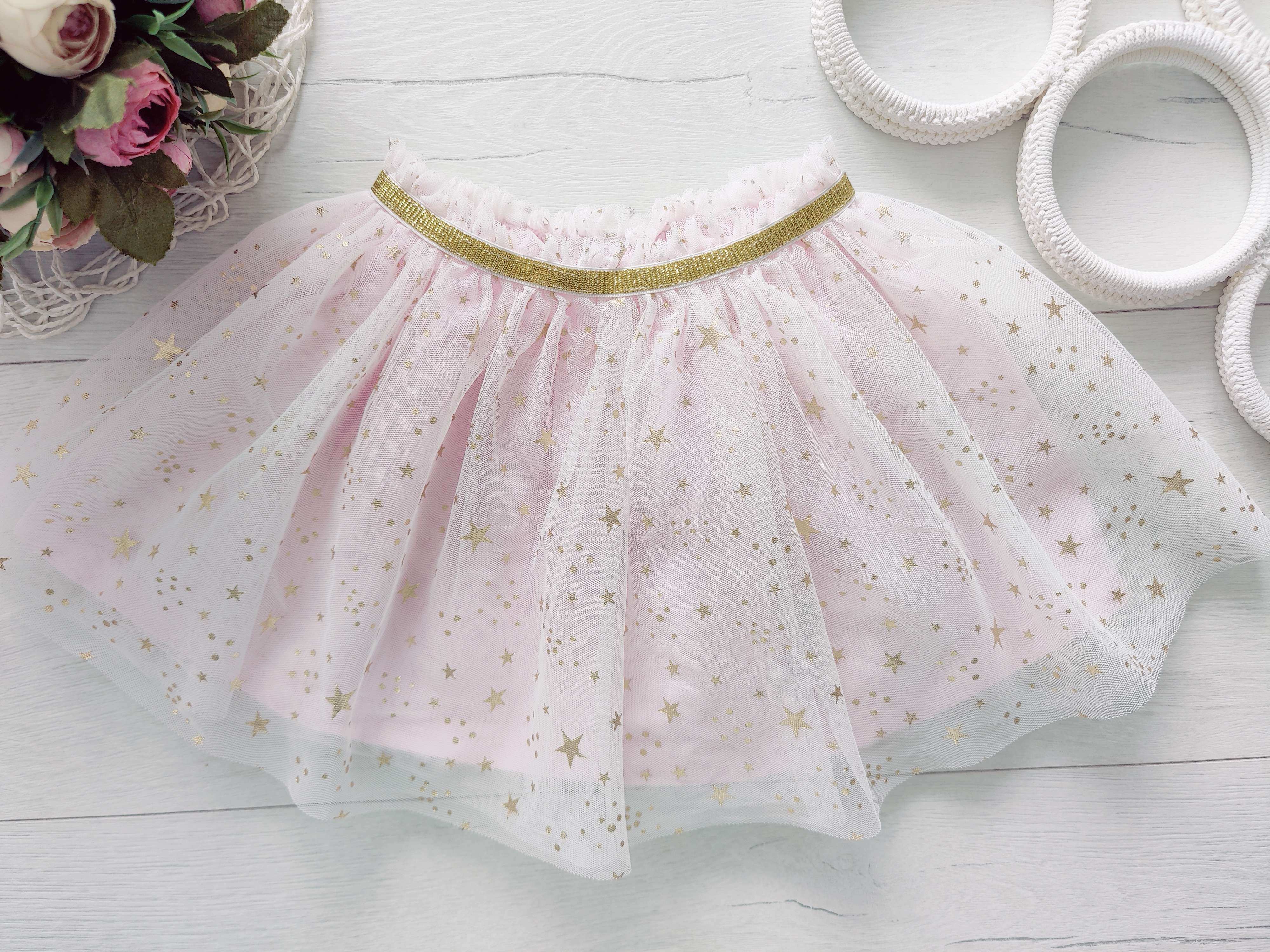 12,18 міс, зріст 86 Дитяча ніжно рожева пишна спідниця в золотистих зірках