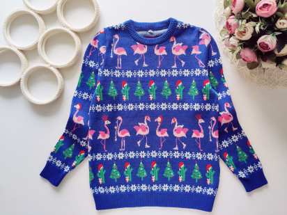 7,8 лет, рост 128 Новогодний свитер с фламинго