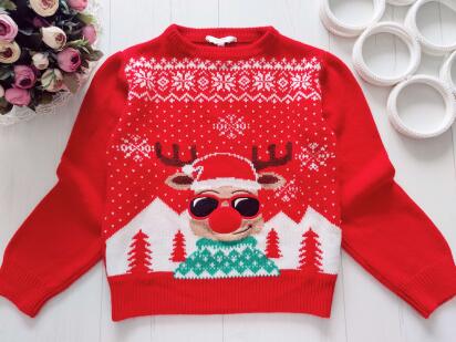 9,10 лет, рост 134,140 Красный новогодний свитер с оленем