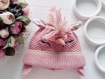 5-6 років, Тепла в'язана зимова шапка на хб підкладці єдиноріг