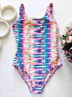 10-11 лет, рост 146 Яркий купальник для девочки в разводах