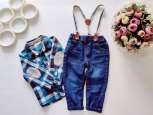 9,12 мес, рост 80 Джинсы на подтяжках с рубашкой - зображення 1